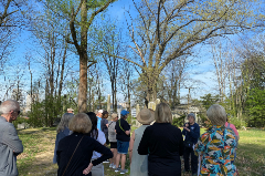 Patrons listening to a speaker in a garden